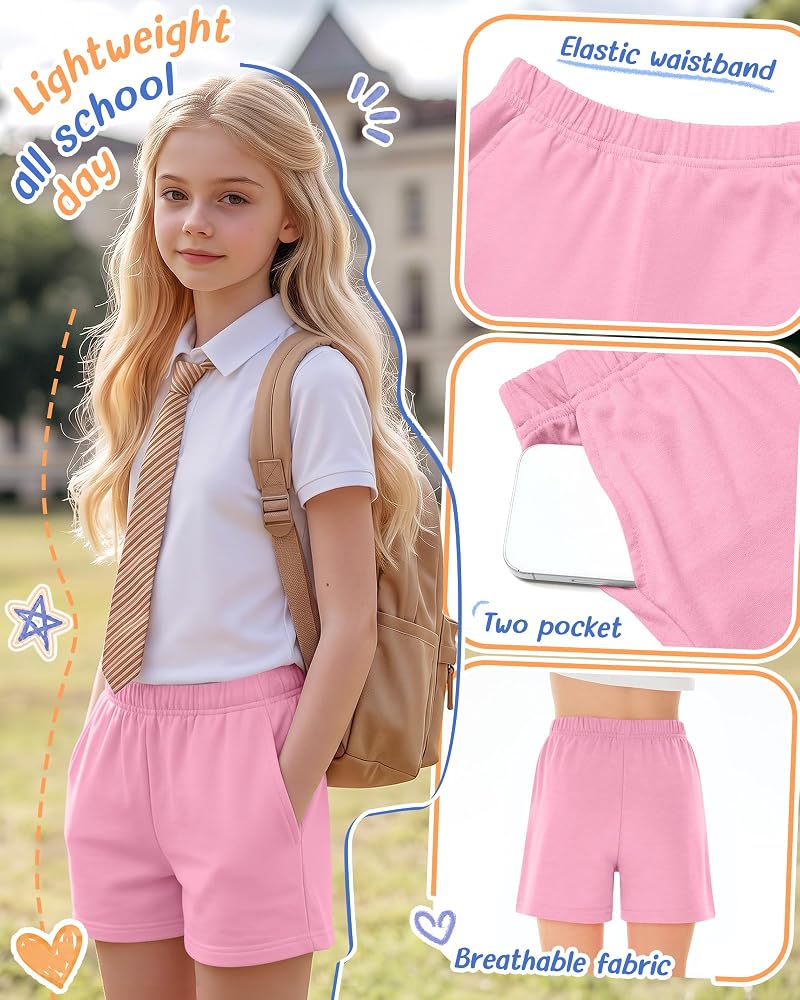 Oakgarden 4 Pack Girls Bike Shorts - Pink, Rose Red, Light Gray, Black 7-8 Years