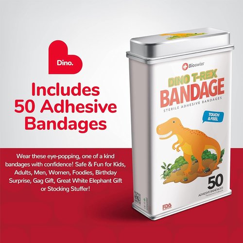 BioSwiss Dinosaur Shaped Bandages - Latex Free & Sterile Wound Care | 50 Count Set