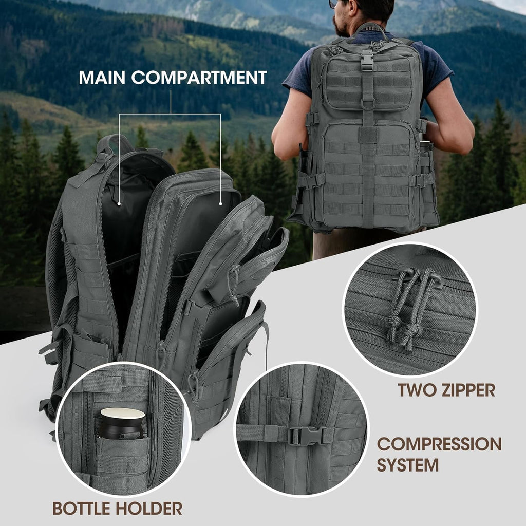 REEWBOW GEAR 40L Tactical Backpack - Heavy Duty Military Daypack for Men | Grey with Bottle Holder