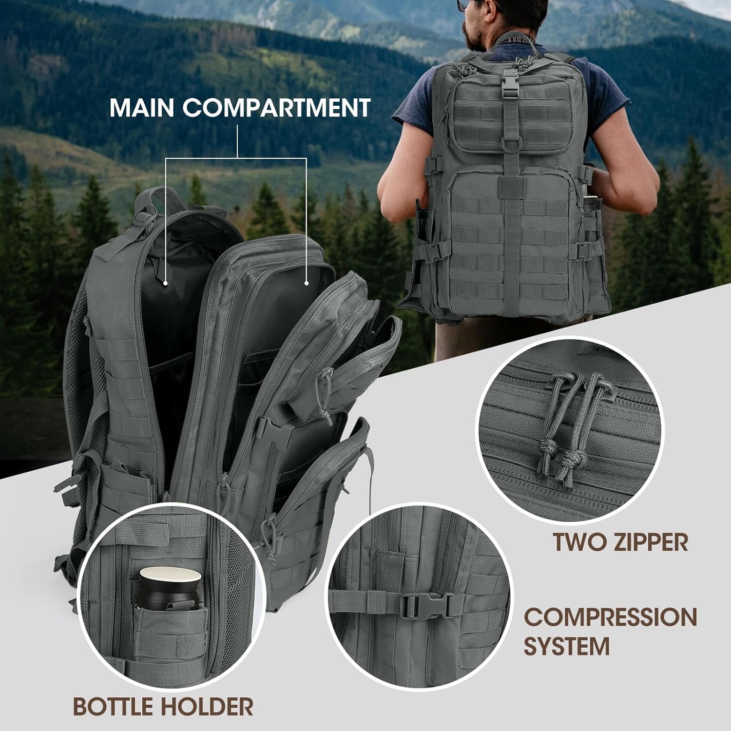 REEWBOW GEAR 40L Tactical Backpack - Heavy Duty Military Daypack for Men | Grey with Bottle Holder
