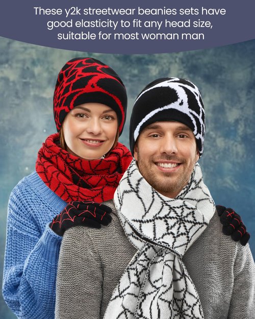 Shihanee 6 Pcs Y2k Beanies Set Spiderweb Pattern Include 2 Gothic Acrylic Knitted Hats/Gloves/Scarves, Stretchable Unisex Casual Streetwear Outdoor Winter for Men Women, Black, Red, White