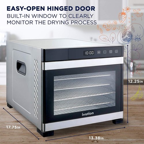 Ivation 6 Tray Commercial Food Dehydrator Machine |600w, Easy Setup, Digital Adjustable Timer and Temperature Control | Dryer for Jerky, Herb, Meat, Beef, Fruit and To Dry Vegetables | Stainless Steel