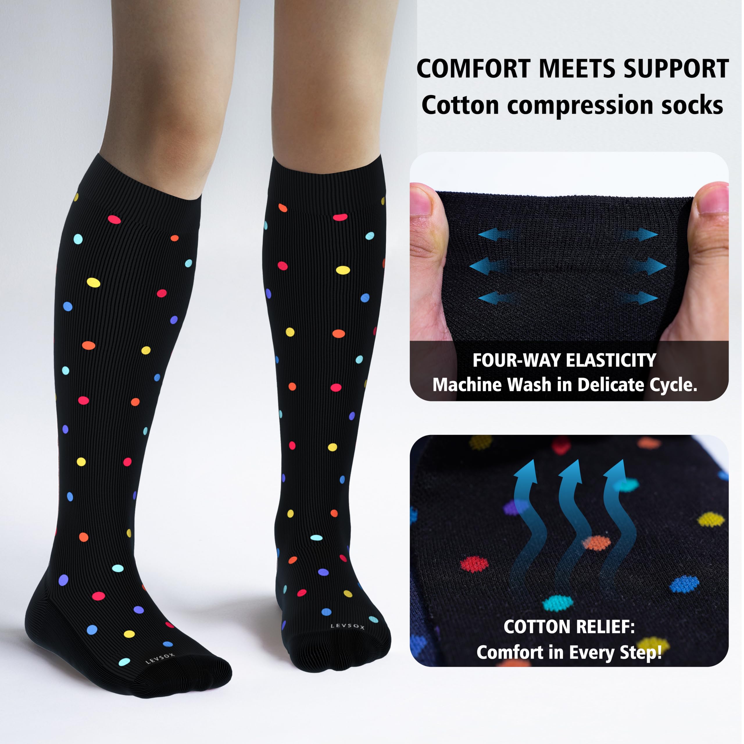 LEVSOX Cotton Compression Socks for Women&Men 20-30 mmHg Knee High Cute Fun Crazy Support Sock for Nurses, Travel and Flight, Pregnancy, 2 Pairs, Black and Navy Blue Polkadot