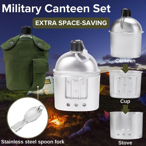 BeGrit Military Canteen Army Canteen WWII US G.I. Style Canteen Kit with Aluminum Cup Stove Stainless Steel Spoon Fork for Hiking Backpacking Camping