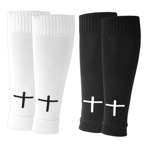 2 Pairs Pre Cut Soccer Socks, Polyester Shin Guard Sleeves White Black Cross Leg Sleeves Pre Cut Socks for Football Basketball Running