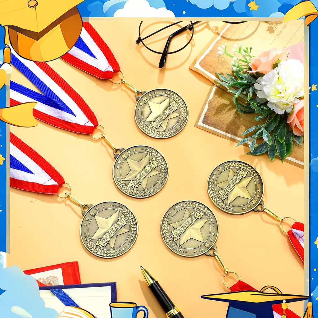 Quelay 20 Pcs Gold Award Medals - 2'' Metal Trophies with Neck Ribbons for Competitions & Events