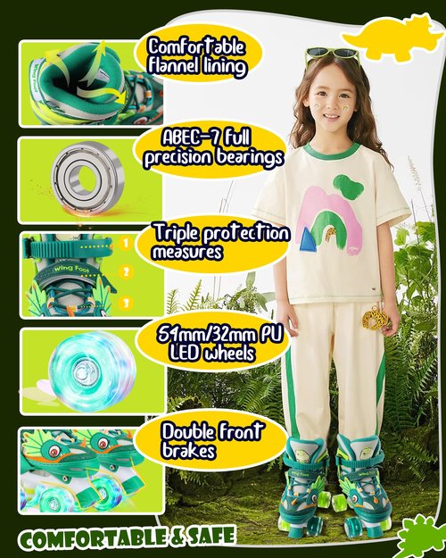 Dino Kids Toddler Roller Skates for Boys Girls,WESKIFAN Dinosaur Quad Skating Shoes with Shiny Light up Wheels&Adjustable Sizes Beginners rollerskates for Birthday Xmas Gifts (Green, S(10~13J))