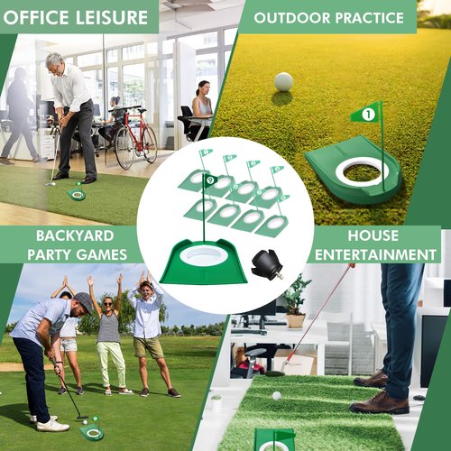 Shu-Ran 9 Pack Golf Putting Cup Set with Flags & Ball Retriever - Portable Indoor & Outdoor Putting Training Hole Set for Home, Office, Backyard, Green - Dark Green Mini Golf Course for Adults & Teens