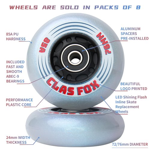 CLAS FOX Inline Skate Wheels With Wheels Bag 72MM/76MM 85A Shining Flash Inline Skate Replacement Wheels With Bearings ABEC-9 (8-Pack) (72MM)