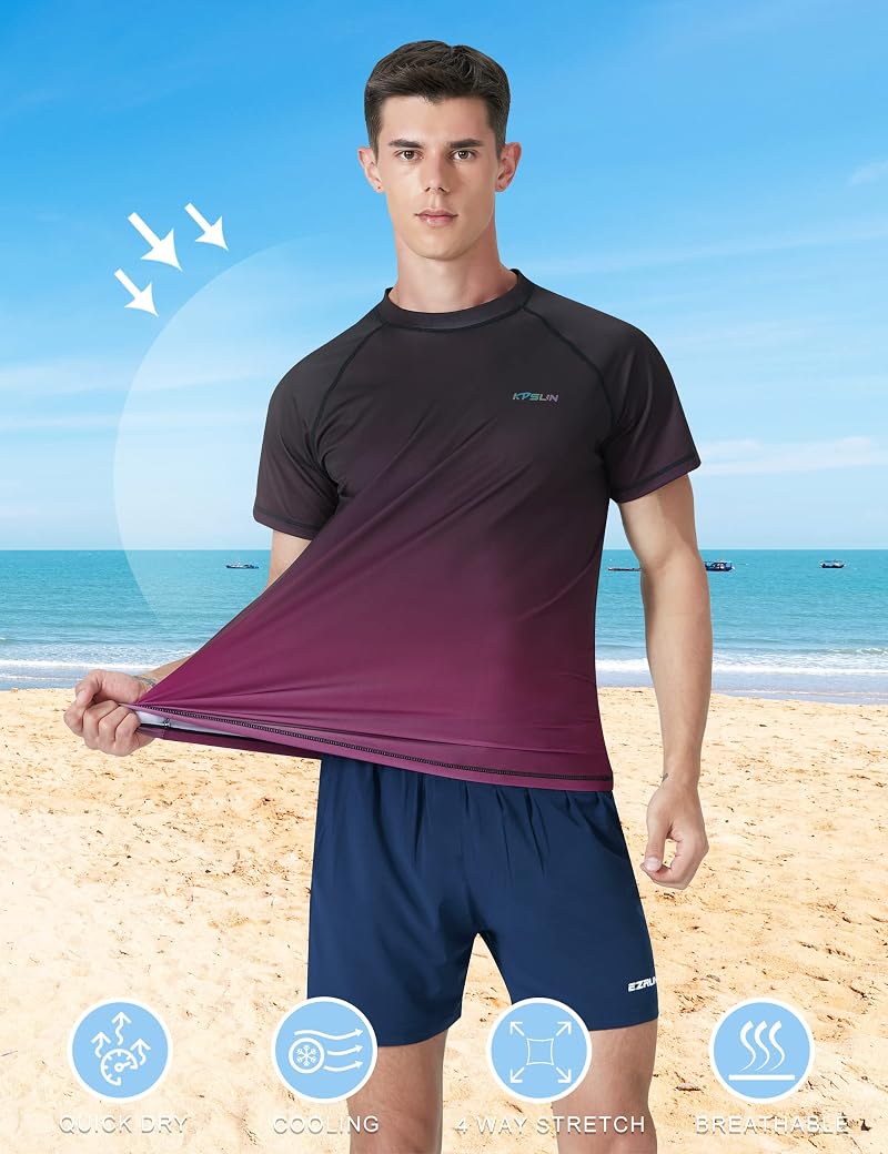 Mens Rash Guard Swim Shirt UPF 50+ Quick Dry Short Sleeve Gradient Red XXL