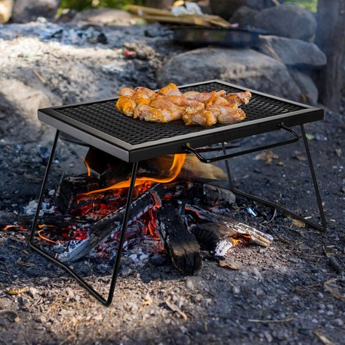 Elsjoy 17" Folding Campfire Grill Grate with Carrying Handle, Portable Camping Grill Over Fire Mesh Grate, Heavy Duty Steel Grate for Outdoor Cooking, Picnic, BBQ