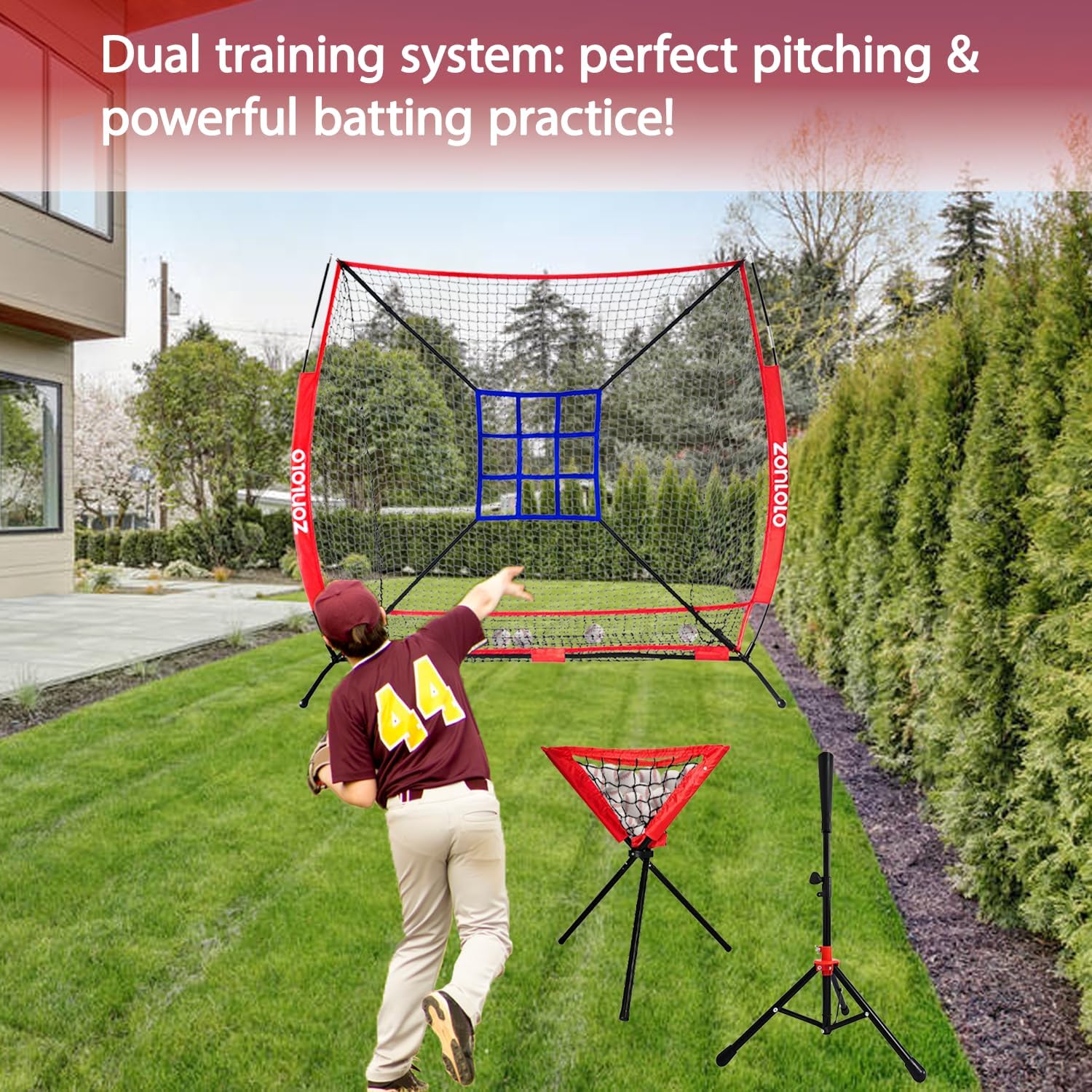 Skiennix 6x6ft Portable Baseball & Softball Net - Sturdy Bow Frame with Batting Tee & Ball Caddy