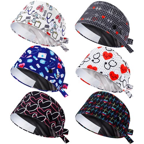Maiteenly Satin Lined Scrub Caps Women Bouffant Nursing Hats with Button and Sweatband Adjustable Working Hat(6 Pcs,Fresh Style) Multicolor