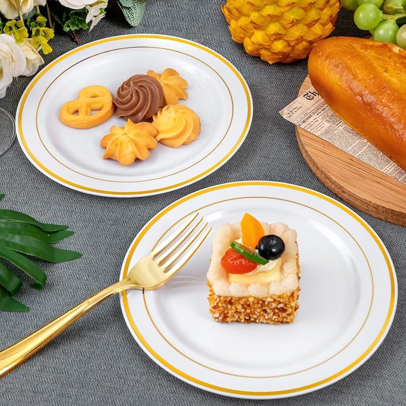 Wellife 240 Pcs Disposable Dessert Plates with Gold Forks, 6.5 Inch White & Gold Rim Set for 120 Guests