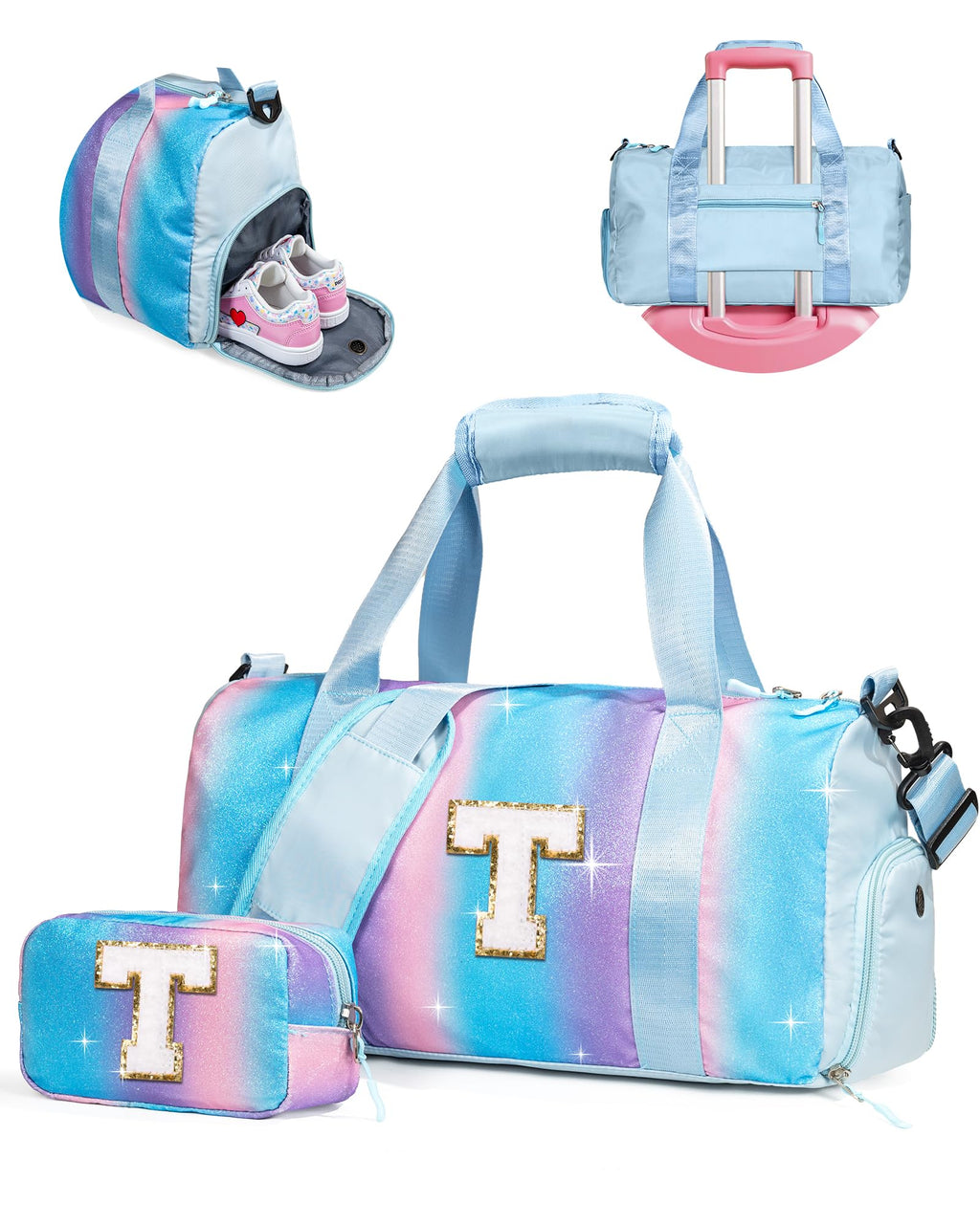 Vogewood Gifts for Girls-Girl Gym Bag with Shoe Compartment, Kid Personalized Weekender Overnight Bags, Initial Travel Tote with Makeup Pouch, Gift for 3 4 5 6 7 Year Old Kids (Letter T)