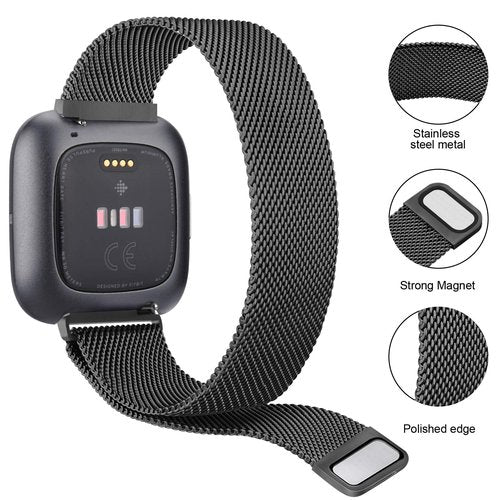 2 Pack Metal Bands Compatible with Fitbit Versa/Fitbit Versa 2 / Fitbit Versa Lite for Women Men, Stainless Steel Mesh Breathable Wristband Strap with Adjustable Magnet Lock (Small, Black+Silver)