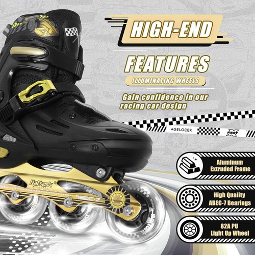 Kids Inline Skates Cool Racing Car Decoration Blades Roller for Boys Girls - Golden for Teenagers Youth Age 10 11 12 - Adjustable All Light up Wheels Indoor Outdoor Birthday Gift for Son and Grandson