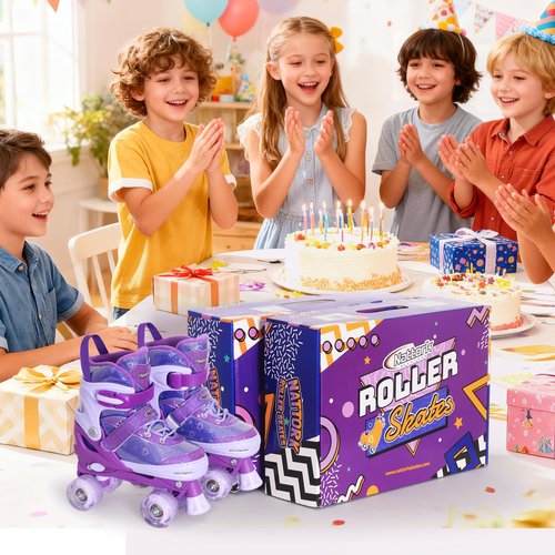 Nattork Kids Roller Skates for Girls Boys, Purple Hearts Quad Skates for Big Kids Age 7 8 9 10 - Adjustable Girls Roller Skates with All Light up Wheels - Birthday Gift for Indoor Outdoor Sports