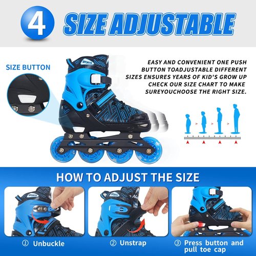 Nattork Adjustable Inline Skates for Little Kids Boys with Light up Wheels - Blue Child Blade Roller Skating for Beginners Size 1 2 3 4 Ages 7 8 9 10