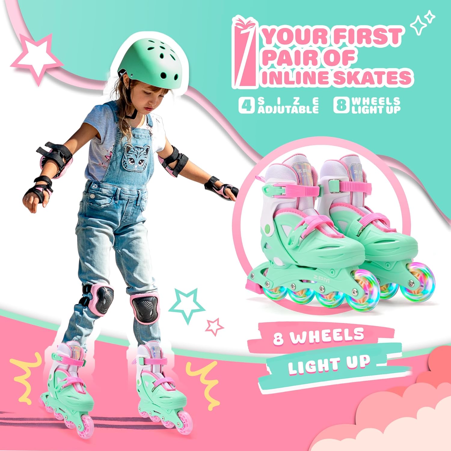 2PM SPORTS Inline Skates for Kids | Adjustable Light-Up Roller Skates for Ages 4-12