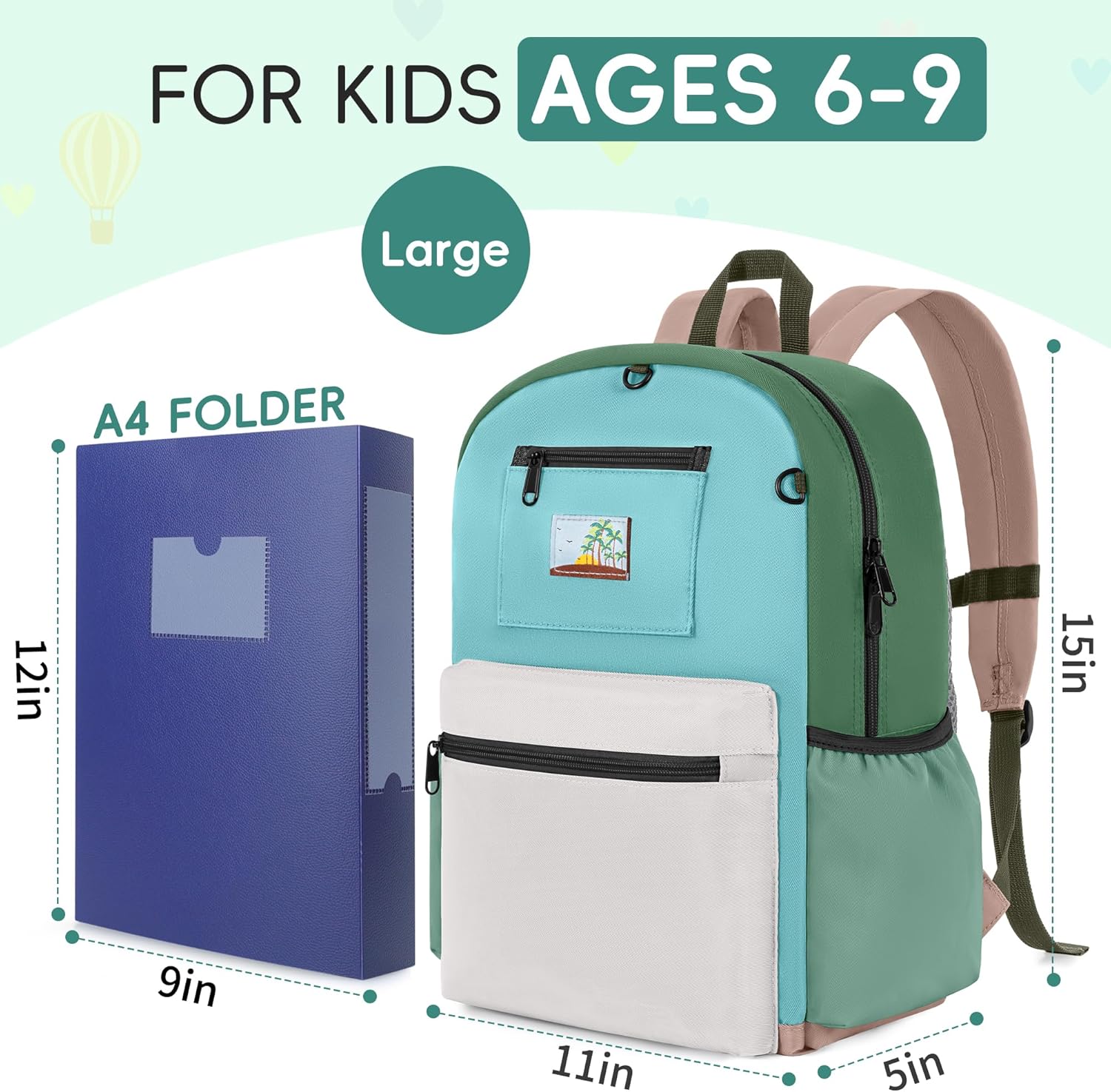 Skiennix Kids Backpack - Stylish Bookbag for Boys & Girls Ages 6-8 | Green & Grey Design