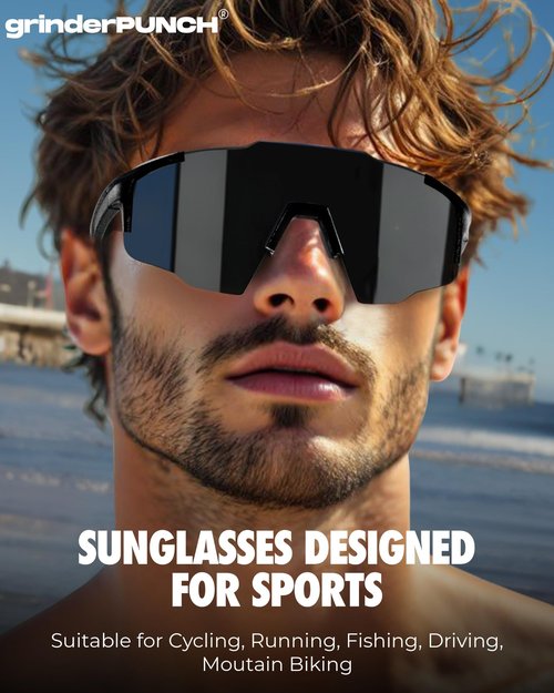 grinderPUNCH UV 400 Sports Sunglasses Cycling Glasses, Biking Goggles Running Hiking Golf Fishing Driving (Black Silver Mirrored)