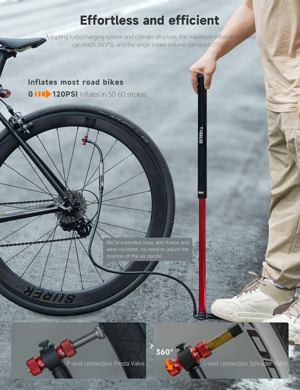 Tiakia Bike Pump - High Pressure Portable Hand Air Pump with Gauge for Presta & Schrader Valves | Aluminum Design
