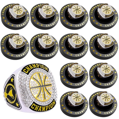 12 Pcs Basketball Championship Rings Basketball Ring Sport Ball Trophy Award Gift With Display Neck Chain and Stand for Tournament or League Champion Winner (12pcs gold basketball rings, size 8)