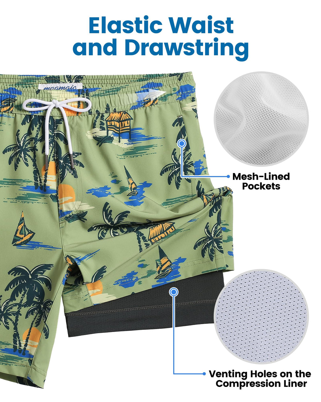maamgic Mens Swim Trunks with Compression Liner 7 Inch Inseam Mens Bathing Suit Quick Dry Swimming Trunks Swimsuit Plamtree Green Small