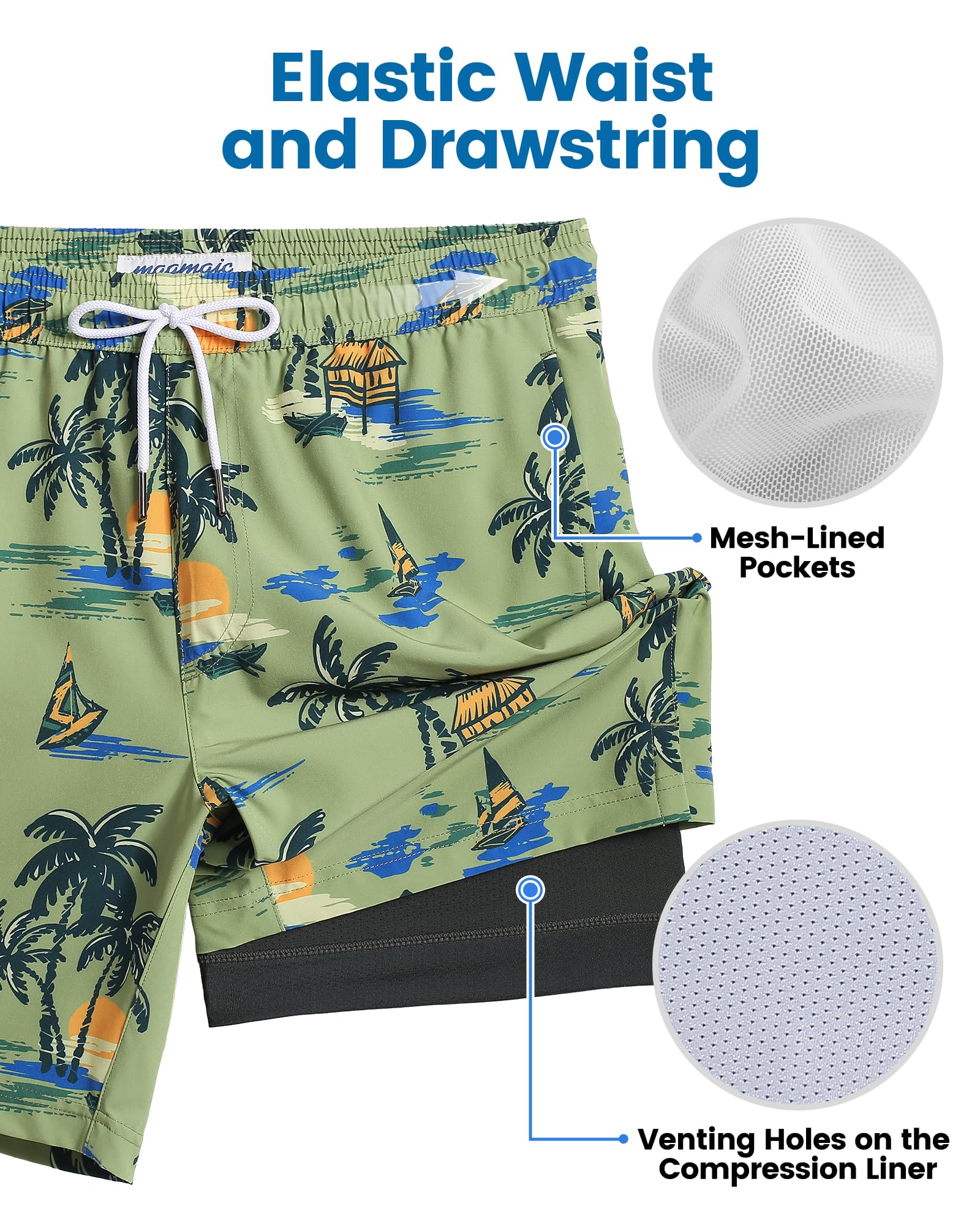 maamgic Mens Swim Trunks with Compression Liner 7 Inch Inseam Mens Bathing Suit Quick Dry Swimming Trunks Swimsuit Plamtree Green Small