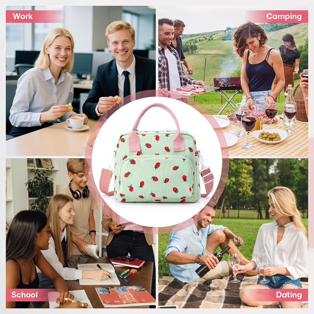 Skiennix Insulated Lunch Bag - Cute Corduroy Tote for Women | Reusable Cooler in Strawberry Design