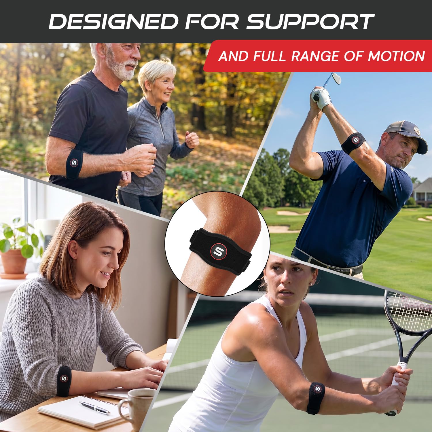 Sleeve Stars Tennis Elbow Brace for Men & Women, Elbow Brace for Tendonitis, Tennis Elbow Strap, Golfers Elbow Brace, Elbow Support Wrap for Tennis Elbow Relief, Fits 9"-23" (Single/Black)