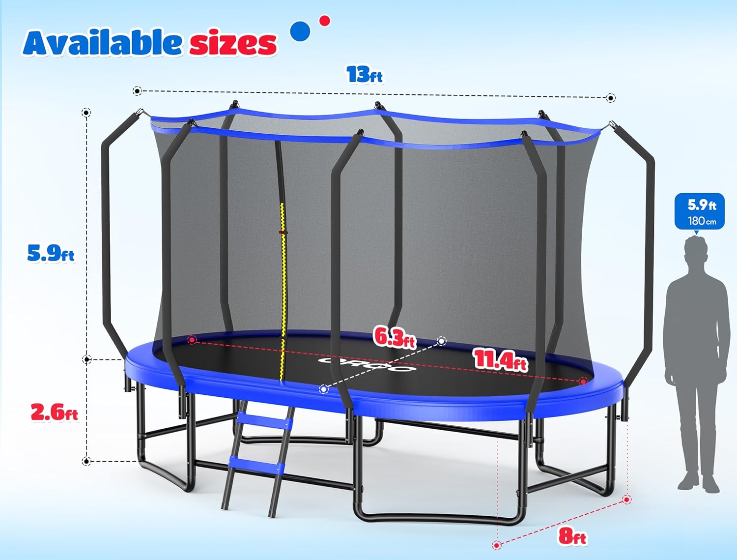 ORCC Oval Outdoor Trampoline - Safe Recreational Gymnastics Trampoline for Kids | Heavy-Duty Steel Frame