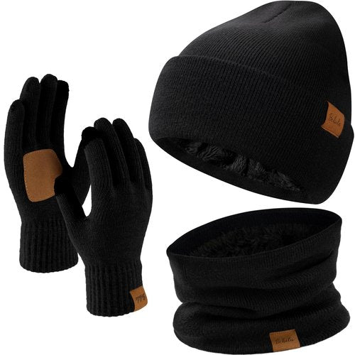 Bebila Winter Beanie Hat Scarf Gloves Set for Men, Thick Knit Hat Warm Neck Fleece Lined Winter Gift
