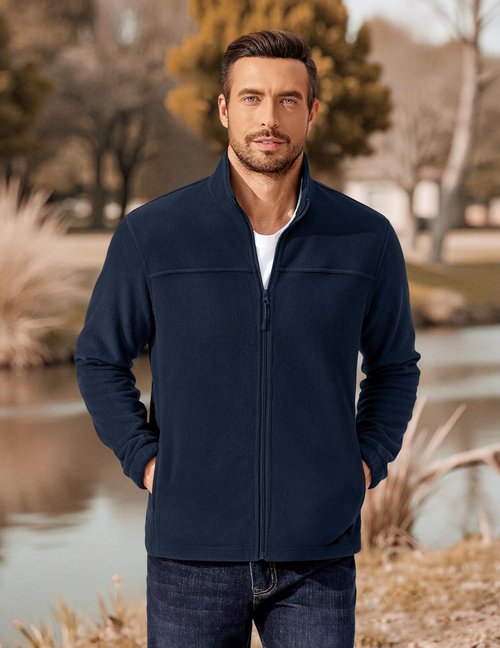 COOFANDY Classic Zip Up Fleece Jacket Men Light Warm Long Sleeve Zipper Sweater Mens Polar Navy Blue Jackets XL