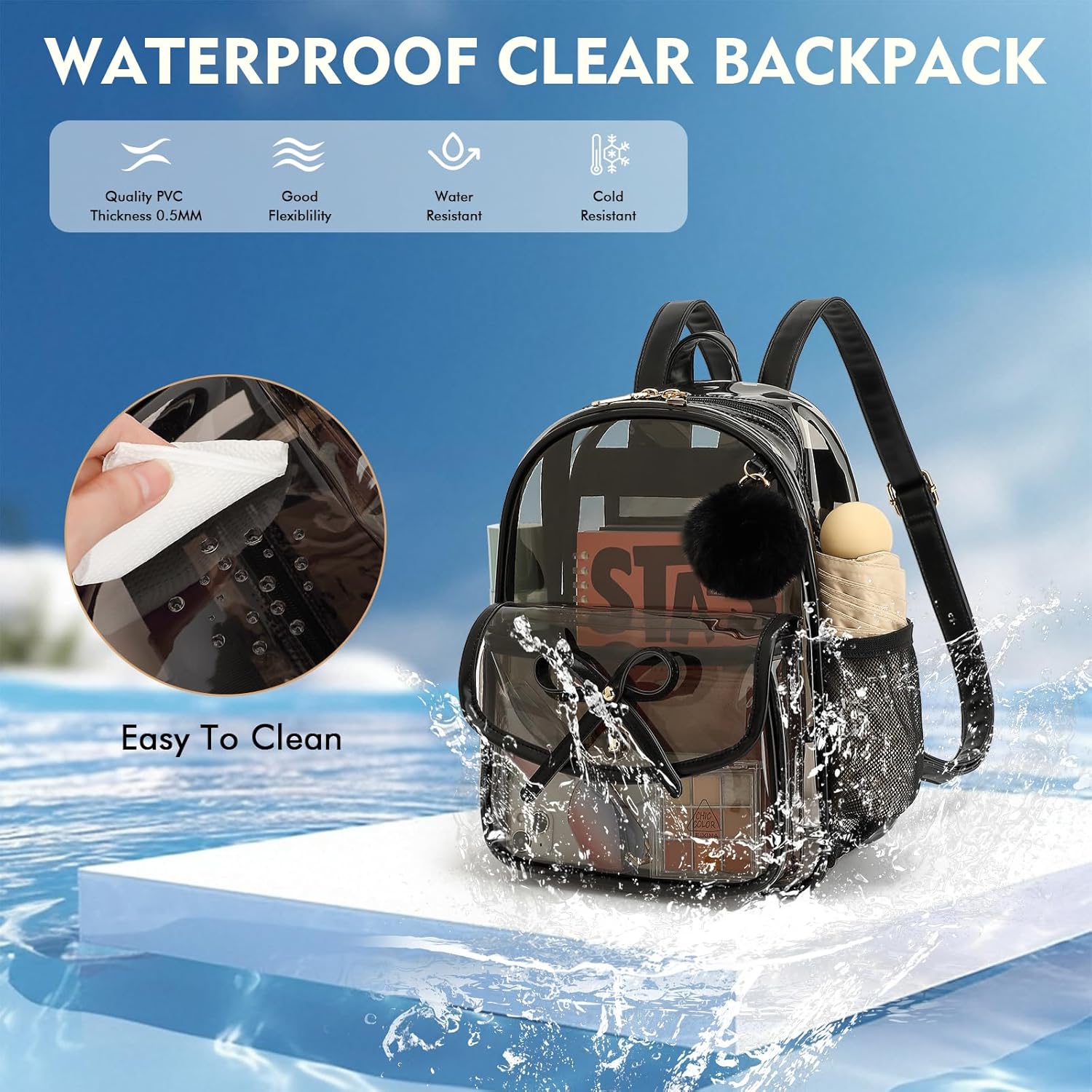 Skiennix Clear Stadium Backpack - Durable PVC Small Bag with Leather Trim | 12x12x6 Inches