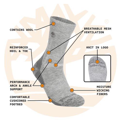 Timberland Mens Hiking, Wool, Winter, Cushioned Crew Socks With Arch Support (Size 7-12; 3 Pairs)