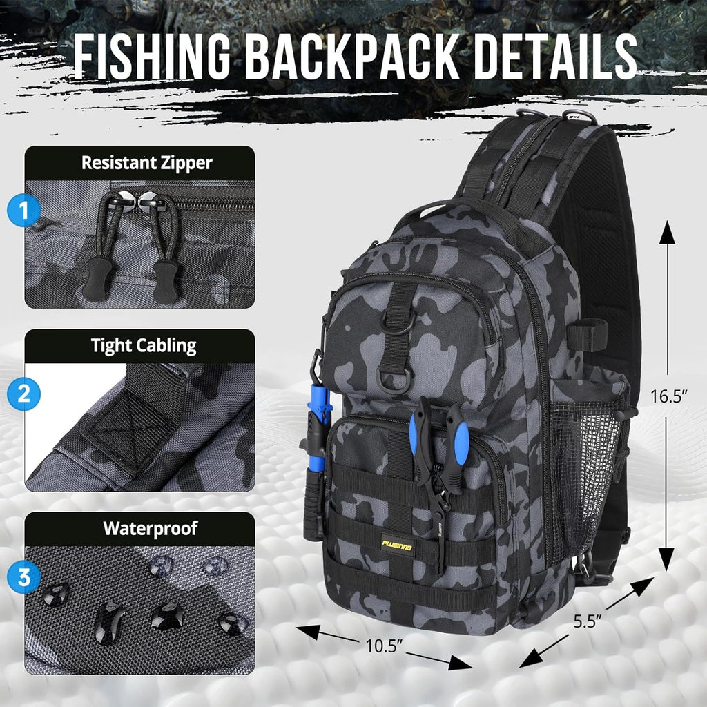 PLUSINNO Fishing Backpack - Waterproof Sling Tackle Bag with Rod Holder & Tackle Boxes | Ideal Fishing Gift for Men