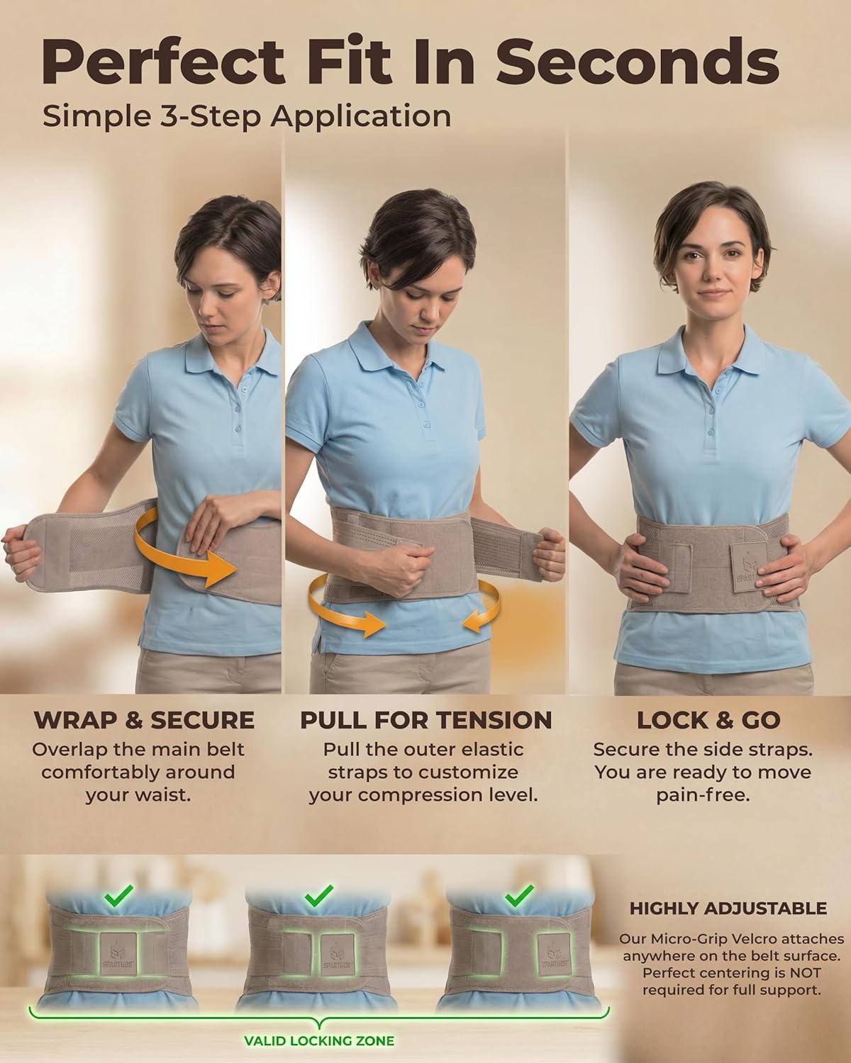 Sparthos Back Support Belt - Instant Relief for Lower Back Pain & Sciatica - Breathable Lumbar Brace - Fits 31–38″ Waist (Taupe, Small)