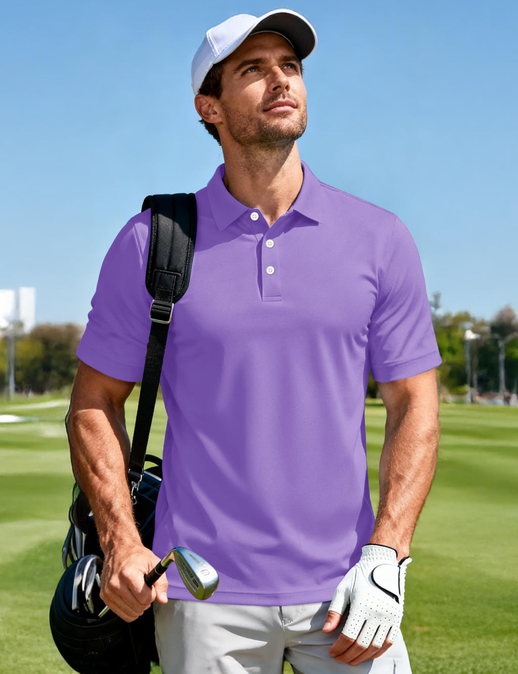 MAGCOMSEN Men's Polo Shirts Short Sleeve Athletic Pique Golf Shirt Dry Fit Performance Casual Work Polos for Men Light Purple