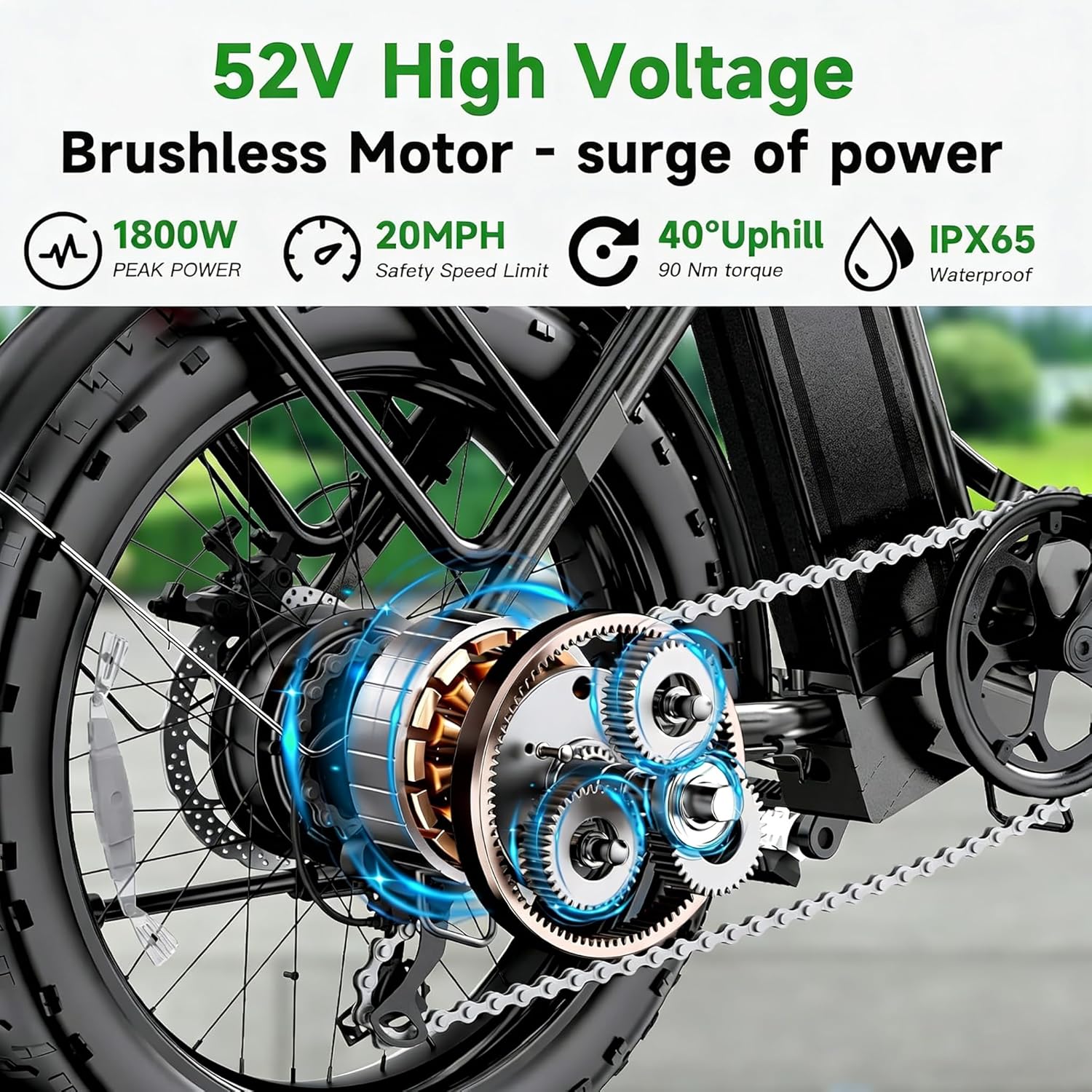 1800W Electric Bike - 52V/18.2AH Removable Battery | 86 Miles Range, Foldable Fat Tire, 7-Speed, UL2849 Certified, Max 330LBS
