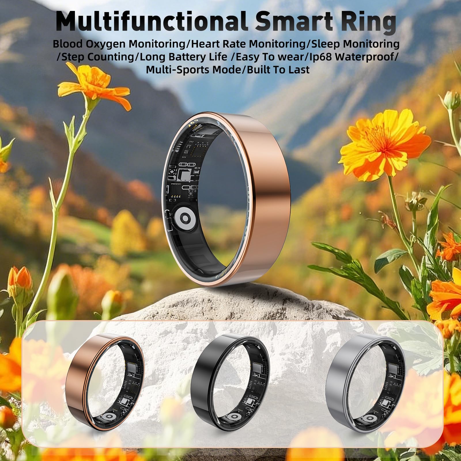 Smart Ring with Sleep Monitoring, Step Counting, Heart Rate, Blood Oxygen, Blood Pressure for iPhone and Android, No Subscription Fee, IP68 Waterproof Health Tracker (Silver, 7)