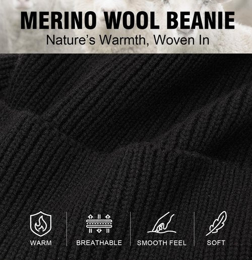 Wmcaps Merino Wool Fleece Lined Beanie Winter Hats for Men Women, Warm Thermal Kint Cap for Outdoor Black