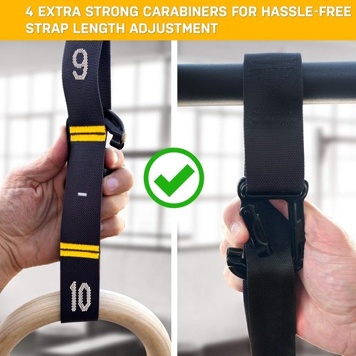 Double Circle Gymnastic Rings Straps - Quick Adjust Carabiner System & Exercise Video Guide for Full Body Workouts