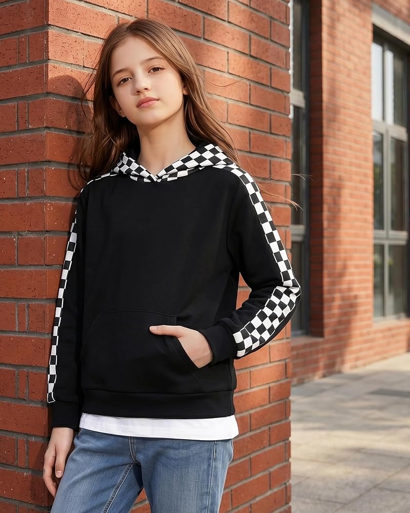 Girls Checkered Hoodie Sweatshirt 4-12 Years Black 11-12 Years DISAUR