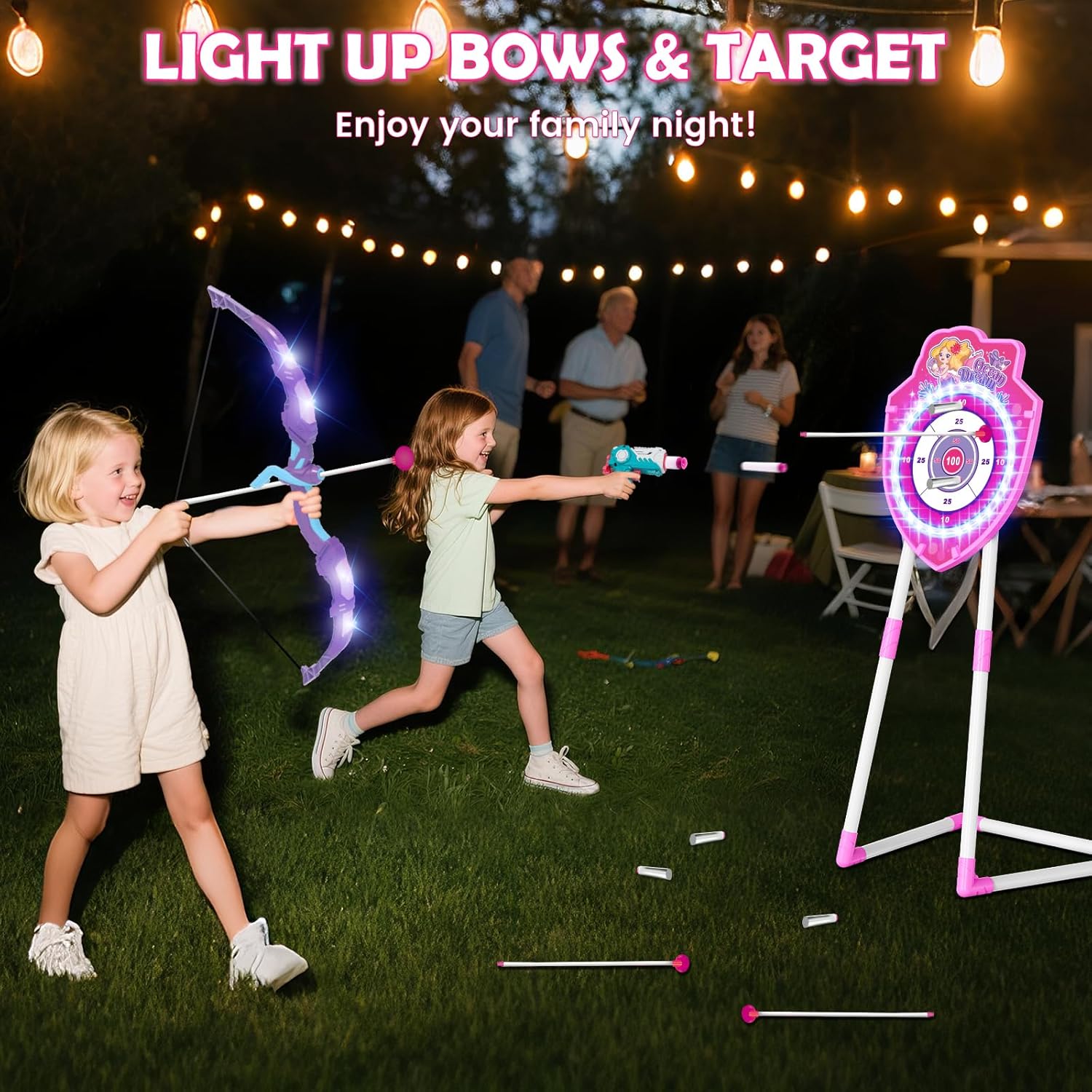 VATOS Bow and Arrow Toy Set - 4-in-1 Archery & Dart Game with LED Light, 20 Suction Cup Arrows & Mermaid Target | Indoor/Outdoor Gift for Kids Ages 5-12