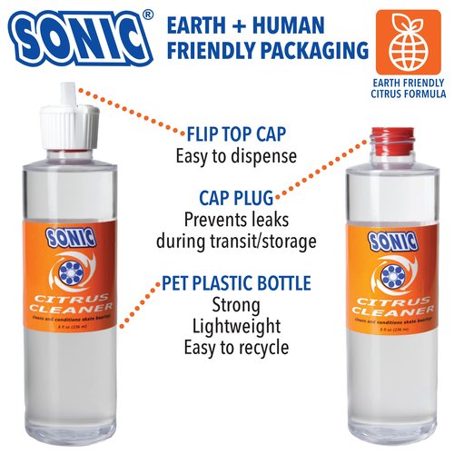 SONIC Citrus Skate Bearing Cleaner, Cleans Inline Skate, Roller Skate and Skateboard Bearings, Earth friendly, 8 oz, Made in USA
