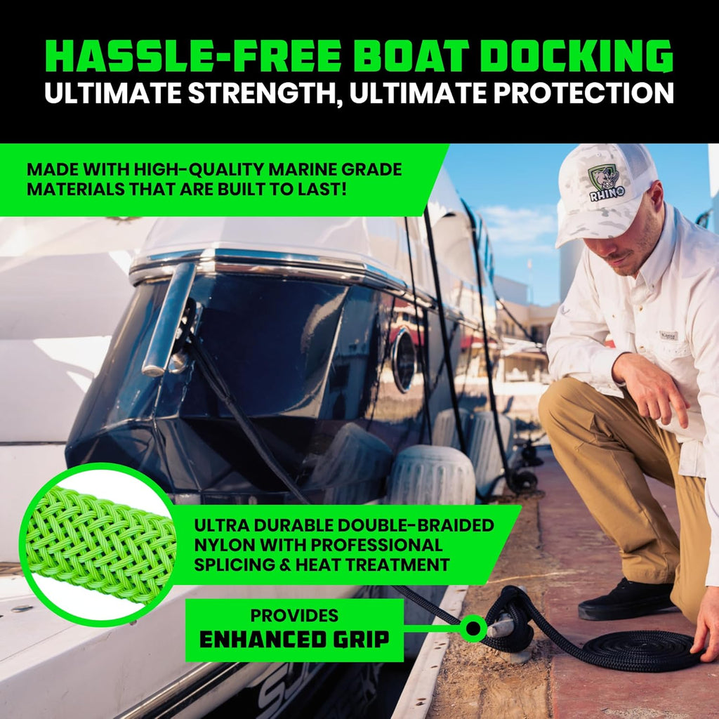 Rhino USA Dock Lines - Heavy Duty 1/2" x 16' Marine Grade Rope for Boats, Kayaks & Pontoons - Black