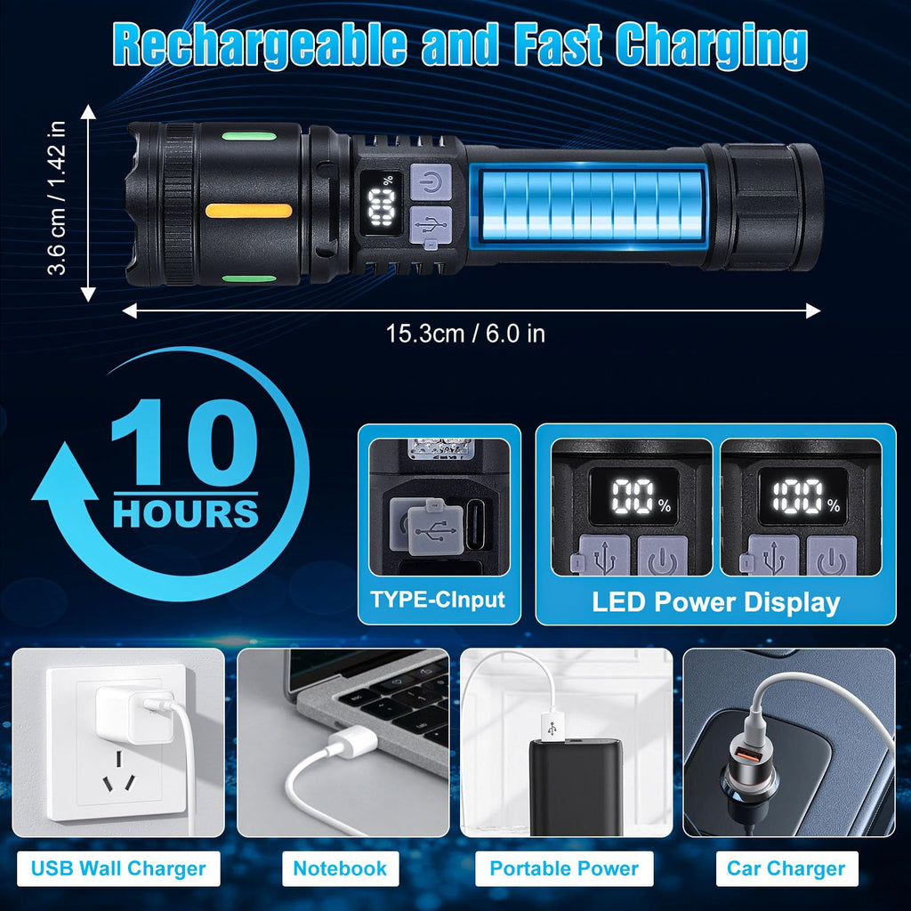 Ciwuzxs Rechargeable LED Flashlights High Lumens 3000LM Super Bright Tactical Flashlight with Cob Sidelight, 5 Light Modes, IPX6 Waterproof, Powerful Handheld Flash Light for Camping (1, Small)