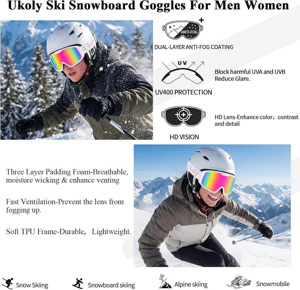 Ukoly Ski & Snowboard Goggles - HD Anti-Fog Lens, OTG Design, UV400 Protection | Men & Women